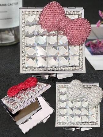 1個 リボン 両面折りたたみ式メイクアップミラー、和風/フレンチスタイルのかわいいピンクのバタフライ柄プリンセススタイルの携帯用折りたたみミラー、旅行、家庭用、友人、家族、彼女、バレンタインデーのギフトに最適