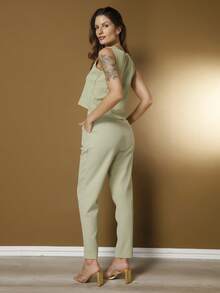 Tailored Set Elegant Set Set Of Palazzo Pants And Blouse - 橄欖綠 - 查看 7