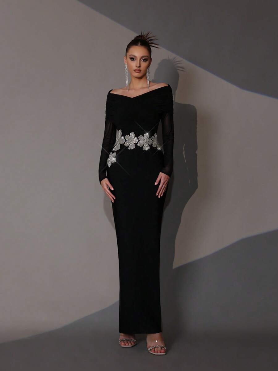 Modphy New Handmade Beaded & Rhinestone Embellished 3D Flower Sexy Off Shoulder Long Sleeve Bodycon Dress, Elegant For Wedding Guest, Holiday Party, Formal Evening Gown