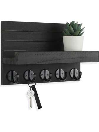 Dekorativ väggmonterad nyckel- och posthållare med hyllplan, inkluderar stora krokar för att hänga väskor, rockar, paraplyer - nyckelorganisatör i trä med installationstillbehör