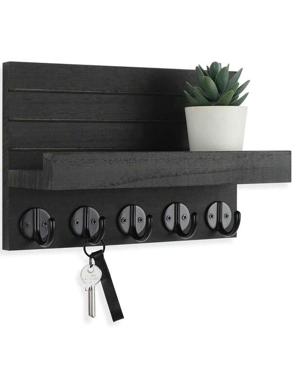 Perchero de pared para llaves, decorativo portallaves y portacorreo con estante que tiene ganchos grandes para bolsas, abrigos, paraguas - Perchero de llaves de madera de Paulownia con accesorios de montaje