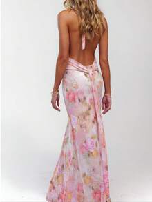 Womens Boho Floral Print Halter Maxi Bodycon Dress Summer Sexy Backless Flowy Long Dresses Beach Vacation Sundress - 粉色 - 查看 2