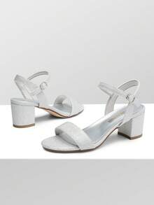 Women's Low Block Heel Sandals With Buckle - 銀色 - 查看 4