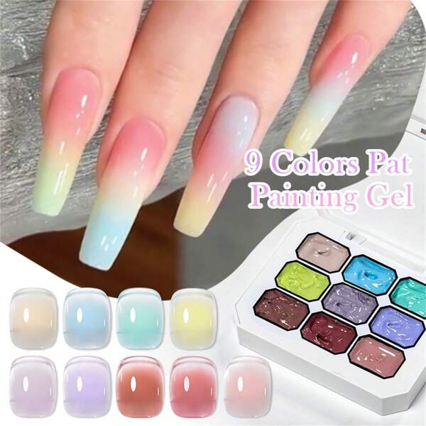 MEET ACROSS 9 Colors Pat Painting Gel Nail Polish, Macaron Candy Color Patting Glue Smudge Canned High Saturation Popular Semi-Solid Nail Polish Glue Nail Salon Special