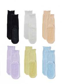 1Pair/6Pairs Solid Color Yoga Socks With Rolled Edges, Non-Slip Mid-Calf Socks For Indoor Fitness And Pilates, Seamless Sports Socks For Women