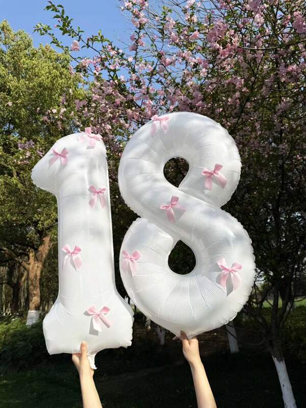 40" Pink Bow Decor White Number Foil Balloons 0-9, Pink Bow Decor, Suitable For Birthday Party, Valentine's Day, Anniversary, Wedding, Christmas, New Year Decoration