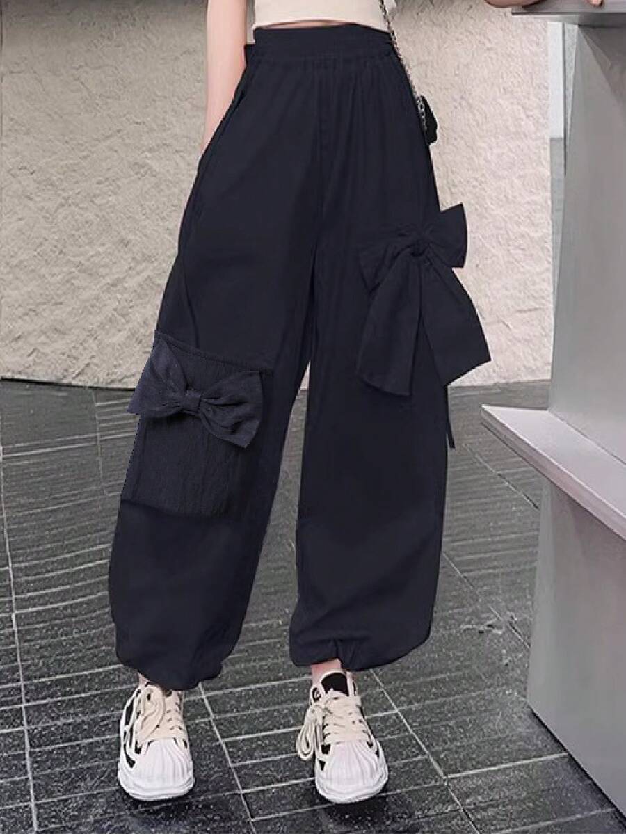 Girls Fashion Elastic Waist Woven Flared Long Pants, Summer New Middle/Big Tween Girl Versatile Bow Casual Comfortable Wide Leg Trousers - Black - View 1