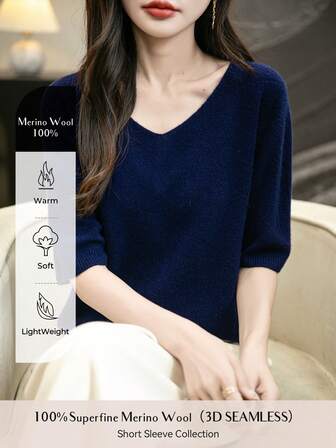 女士 100% 美利奴羊毛毛衣 T 恤可爱夏季上衣优雅单线无缝毛衣女士 V 领短袖针织上衣春夏休闲新款羊毛 T 恤上衣