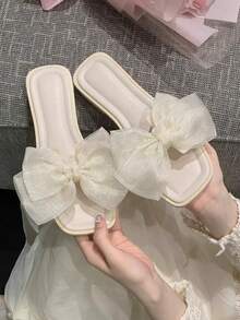 XIXITIAO 仙女风甜美网纱蝴蝶结拖鞋，防滑百搭休闲软底凉鞋，适合沙滩、海边、散步、度假等场合穿着 - 白色 - 查看 9