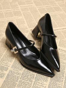 2026夏季新款女士时尚办公休闲派对简约百搭高跟鞋，纯黑色、米色，尖头，粗跟，金属搭扣装饰，优雅高品质乐福鞋 6001-2 - 黑色 - 查看 4