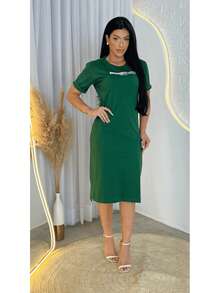 Vestido Feminino Midi Gola Redonda Fenda Lateral Moda Evangélica - Verde Escuro - Visão 5