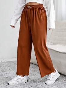 Pantalón holgado para dama, tela tipo plisado, cintura elástica, hermosa hebilla metálica con piedras, imitación diamanté en pretina, ligero, fresco, suave, fiesta, casual, oficina, primavera-verano. - Café integral - Ver 4