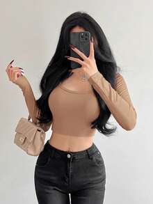 Women's Long Sleeve T-Shirt Ribbed Fabric S M L - Khaki - View 1