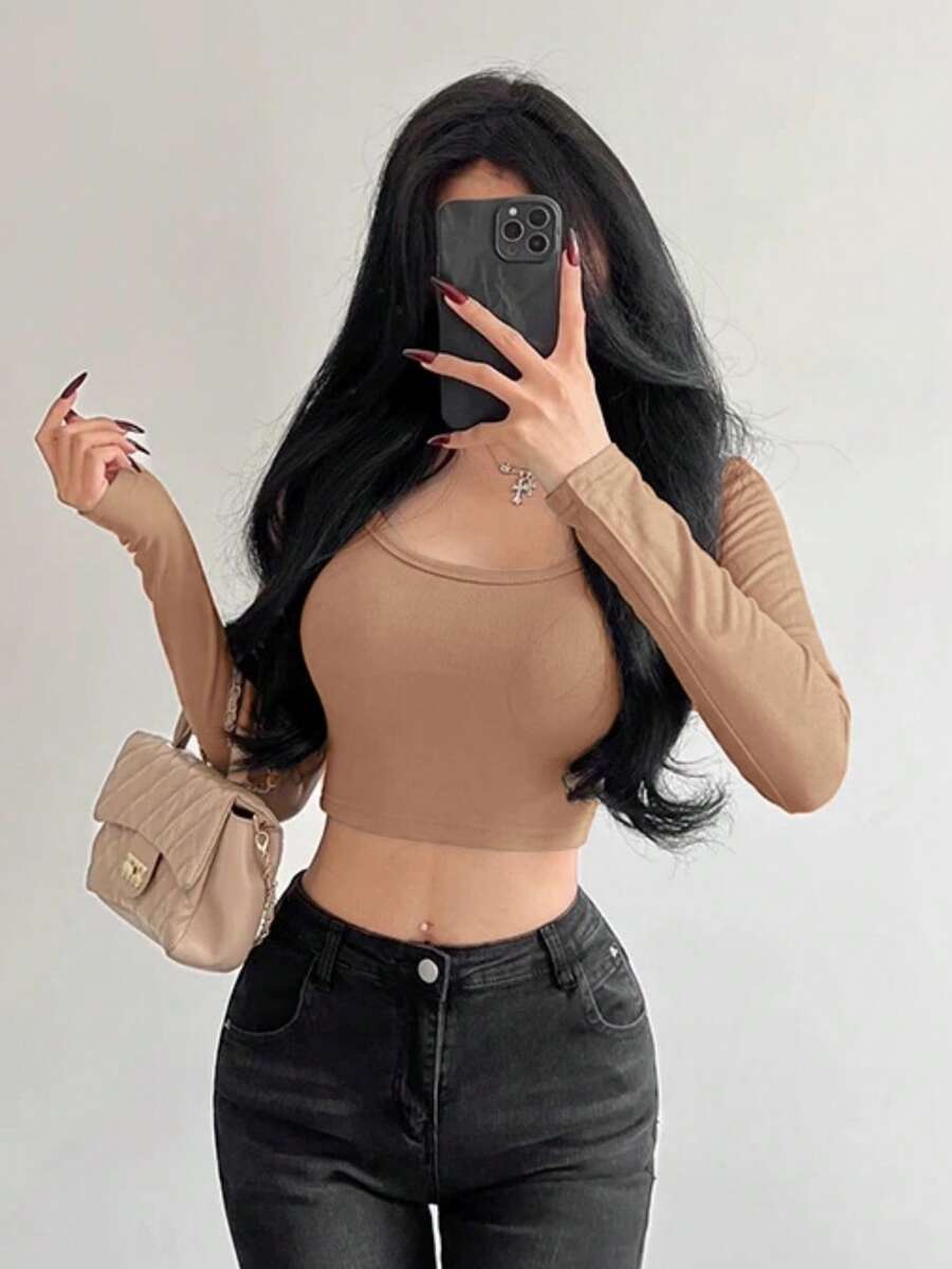 Women's Long Sleeve T-Shirt Ribbed Fabric S M L - Khaki - View 1