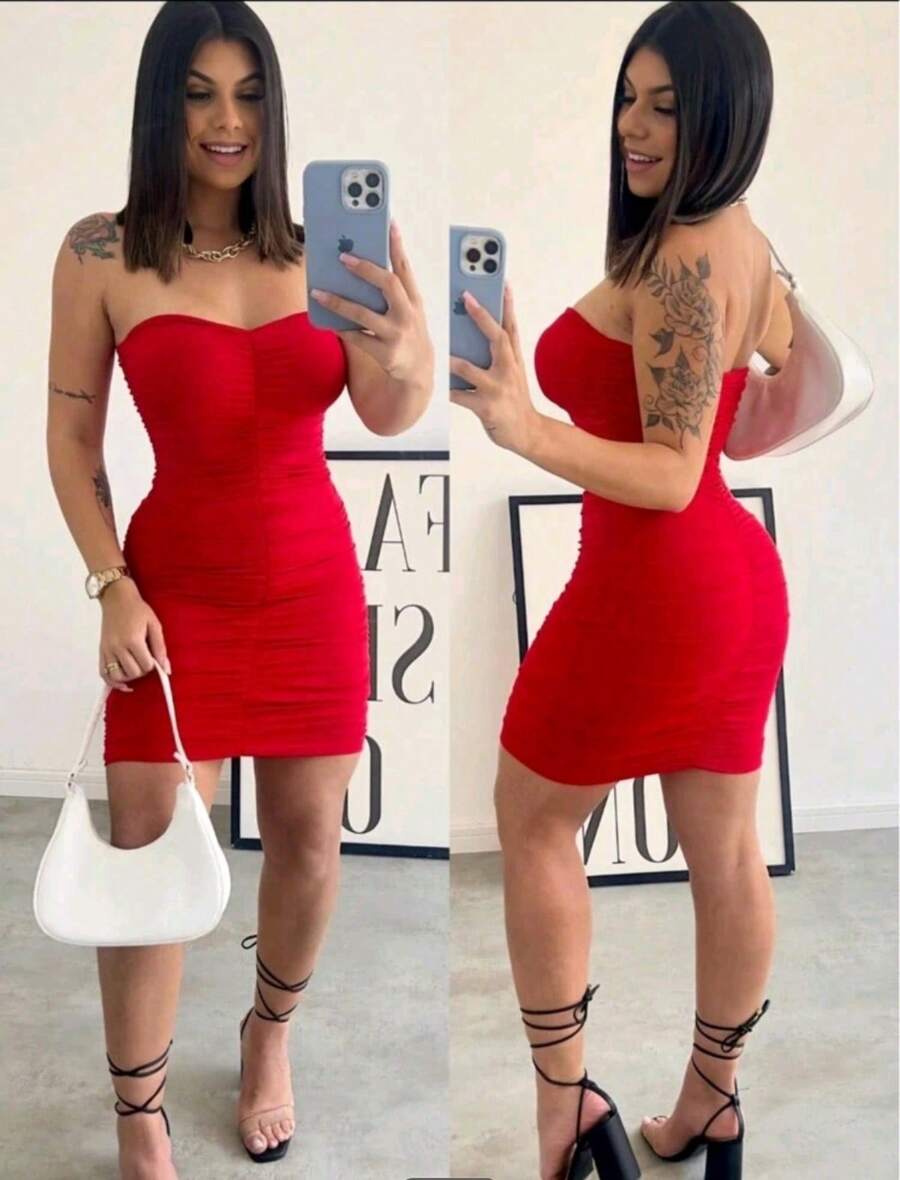 Vestido Curto Drapeado Balada SimplesFestaeleganteMalhaEnrugadoBaladaFesta - Vermelho - Visão 1