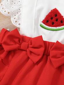 女童可爱镂空无袖立领西瓜刺绣连体衣 + 头带，2 件套夏季休闲百搭套装