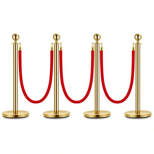 Gold Stanchion Post, 5 Ft Red Vel-Vet Rope Red Carpet Ropes And Poles, Stainless Steel Crowd Control Barriers Used For Theaters Parties Wedding Museums Exhibition