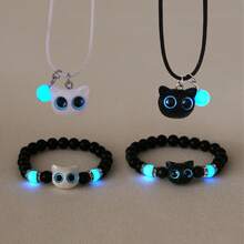 PHCOO Glow-In-The-Dark Cat Jewelry Set - 4pcs Luminous Beaded Bracelets & Multilayer Necklace, Vintage Boho Style, Adjustable Elastic Black Beads With Cute Cat Accents, Perfect For Couples/Friendship Gifts, Halloween/Christmas