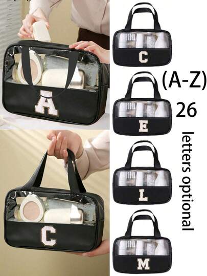 1pc Portable DIY Letter Makeup Bag, PU Waterproof Cosmetic Bag, Travel Toiletry Organizer, Large Capacity Double Layer Skincare Pouch, Multi-Functional Storage Bag, Cosmetics Organizer, Travel Essential, School Supply, Back To School, Holiday, Vacation, Festival Gift, Birthday Gift, Bohemian Style