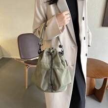 Women's Fallow Large Capacity Hand Drawstring Single Shoulder Crossbody Bucket Bag Handbag Shoulder Bag - 黑色 - 查看 4