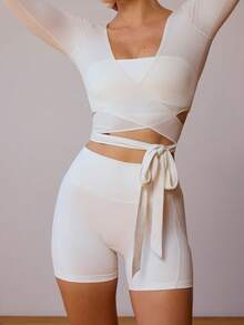 Ballet Wrap Tops For Women Pilates Workout Yoga Dance Long Sleeve Cross Wrap Top Y2k V Neck Slim Fitted Self Tie T-Shirts Tops - 白色 - 查看 4