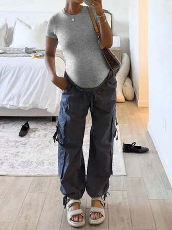 Maternity One-Piece Bodysuit, Solid Color Round Neck Simple Versatile Slim Fit