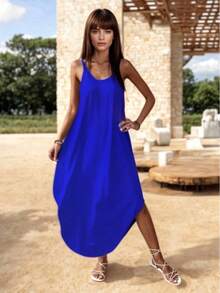 Loose V-Neck Midi Dress With Straps - Blue - View 3