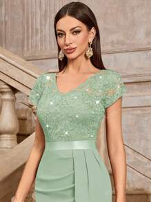 MIUSOL Elegant Sequin Lace Ruched Split Thigh Cocktail Party Bodycon Dress, Wedding Guest Dress