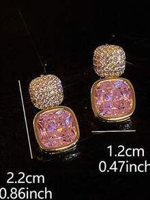 1 Pair Women Elegant Vintage Geometric Rhinestone Inlaid Pink/White Simple Dangle Earrings - Pink - View 3