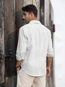 Runcati Mens Button Down Shirt Linen Cotton Shirts Casual Long Sleeve Spread Collar Lightweight Beach Plain Tops - 白色 - 查看 4