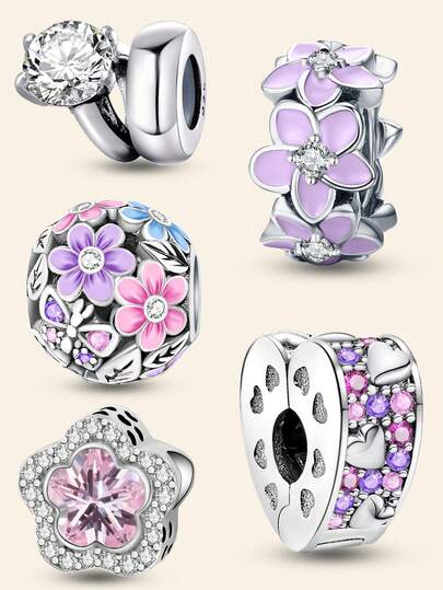 1 Pieza Elegante Cuentas de Plata de Ley 925 con Flores de Color Púrpura Rosado, Serie Adecuada para Mujeres, Pulseras, Brazaletes, Fabricación de Joyas DIY y Complemento Diario de Atuendo, Decoración de Joyas para Niñas