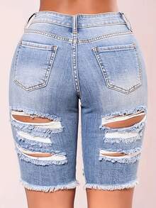 Pantalones cortos vaqueros elásticos de cintura alta para mujeres - pantalones cortos vaqueros ajustados con agujeros rotos en el bolsillo, pantalones cortos de verano para mujeres cómodos y ajustados - Azul lavado medio - Ver 4