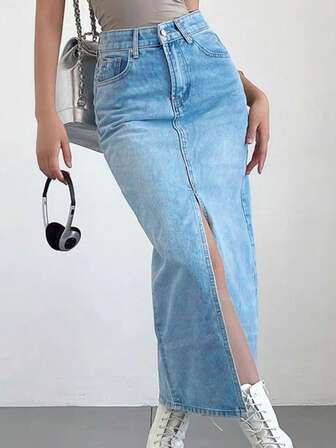 Falda vaquera con abertura en el muslo y cintura alta