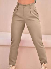 Plus Size Women's Formal Straight Elegant Autumn High Waist Tailored Pants - +米色 - 查看 2