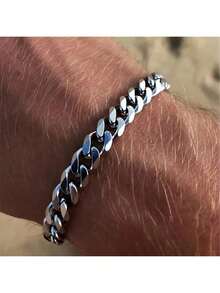 1 Pc Men's Stainless Steel Minimalist Cuban Link Chain Bracelet, Fashion Jewelry Accessory - Silver - View 4
