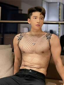 1pc Men's Sequined Sexy Sheer Mesh Hollow-Out Strap Vest Top, Clubwear, Party Outfit, For Displaying Chest Muscles, Also Suitable For Women