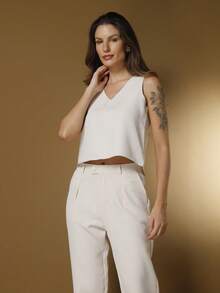 Tailored Set Elegant Set Set Of Palazzo Pants And Blouse - 米色 - 查看 3