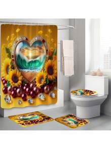 1 peça/4 peças Conjunto de Cortina de Chuveiro com Cenário de Praia Refrescante e Floral, Cria uma Atmosfera Romântica para o Banheiro, Cortina Impressa com 12 Ganchos, Tapete de Banheiro, Tapete em Forma de U para Vaso Sanitário, Tampa de Assento do Vaso Sanitário, Divisória de Banheiro, Acessórios de Banheiro, Decoração de Banheiro