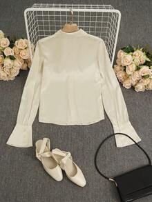New French Light Ripe Lapel Satin Solid Color Long Sleeve Single Breasted Long Sleeve Shirt Elegant Style Blouse Woman - Beige - View 2