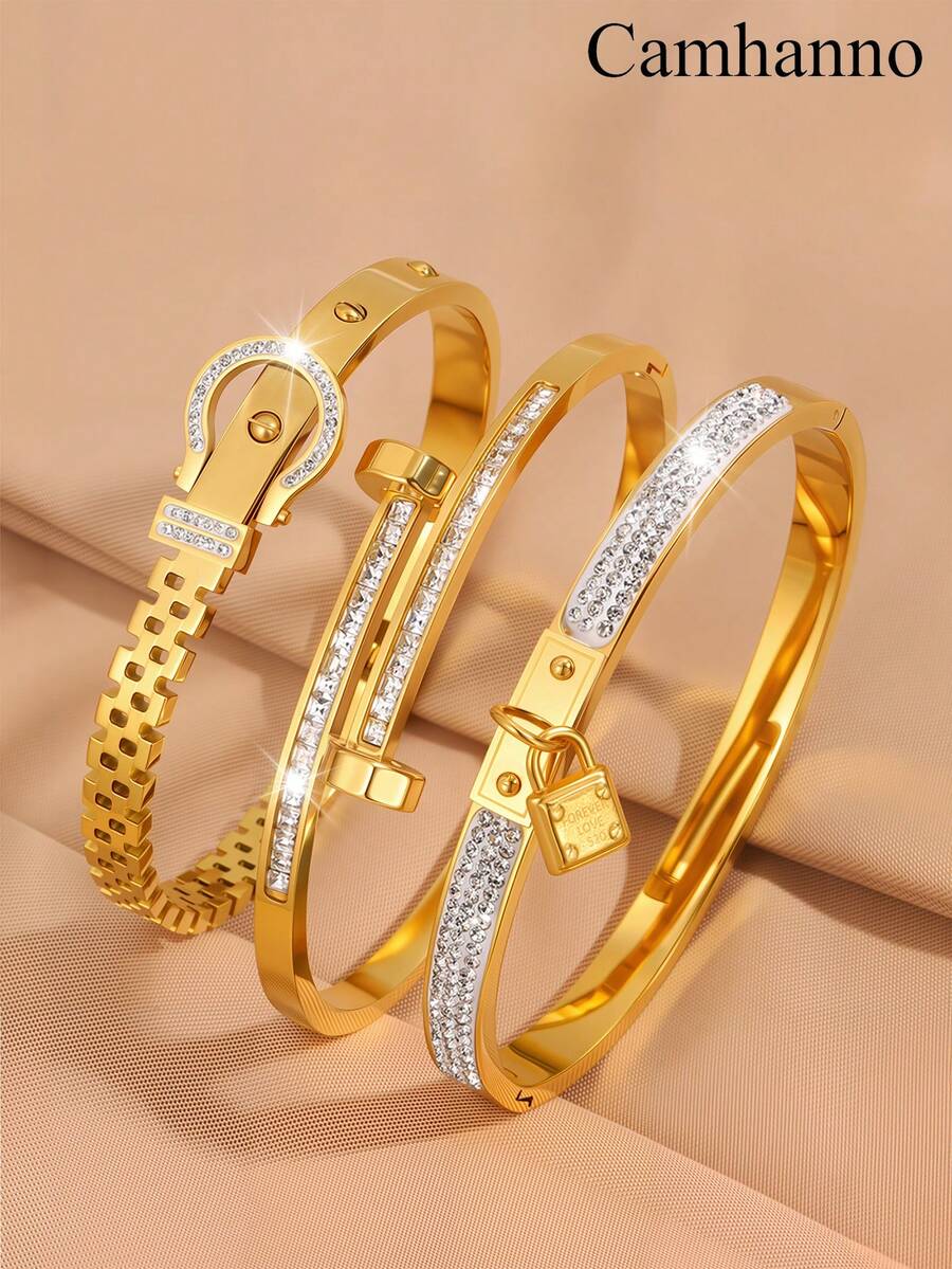 3件套时尚精致个性化不锈钢首饰套装，适合派对、生日聚会或作为完美礼物。 - 金色 - 查看 1