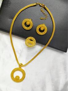 1set Gold-Plated Round Pendant Necklace, Earrings And Ring Fashion Jewelry Set For Women, 3pcs/Set, Perfect For Saudi Arabia, Europe, America, Middle East, Dubai, Bridal, Wedding Party, Mother's Day, Wedding Season - Yellow Gold - View 2