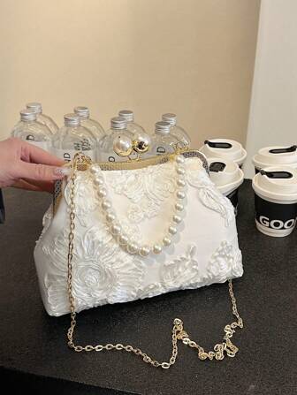 1 件 2025 春夏白色浪漫婚礼季节艺术压花花卉手拿包高端珍珠手提包奢华晚礼服派对新娘钱包，适合婚礼、鸡尾酒会