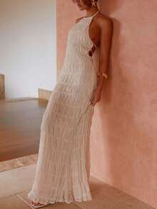 Women's Backless Smocked Maxi Dress Sexy Spaghetti Strap Cut Out Flowy Beach Long Dress Vacation Casual Sundresses Ivory White - Màu be - Xem 2