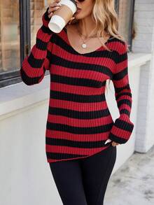 Ladies' Gothic Style V-Neck Striped Pattern Shoulder Down Knit Contrasting Casual Long Sleeved Dress - Multicolor - View 4