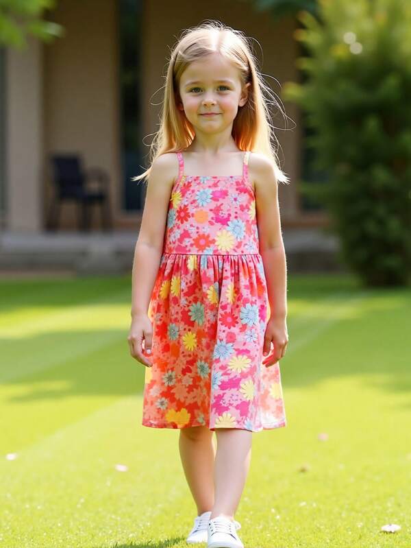 1pc Young Girl Spring/Summer New Sleeveless Ditsy Floral Dress, Girls Casual Fashion Personalized Dress, Children Entertainment Vacation Versatile Commuter Outfit