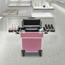 Rolling Makeup Train Case, Cosmetic Trolley With Keys, Hairdressing Travel Case - Pink - View 3