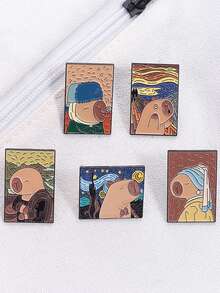 5Pcs Creative Capybara Van Gogh Oil Painting Enamel Pins Backpack Clothes Lapel Badge Cartoon Animal Accessories Gift For Friends