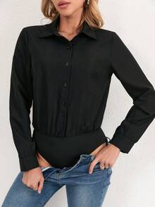 Elegant Women's White Long Sleeve Jumpsuit - Fashionable Lapel Button, Machine Washable, Opaque - Suitable For All Seasons, Women's Solid Color Long Sleeve Bodysuit, New Year - Black - View 2