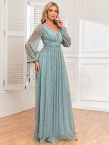 Vestido de baile feminino formal com decote em V e lantejoulas, manga lanterna, para convidada de casamento, formatura, jantar - Baby Azul - Ver 5