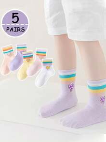 5 Pairs Girls Cartoon Heart & Rainbow Pattern Thin Mesh Mid-Calf Socks, Cute & Versatile, Suitable For Spring/Summer - Multicolor - View 3